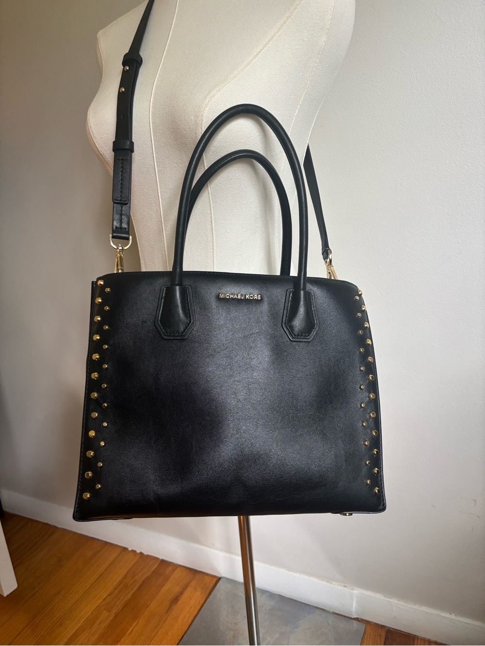 Michael Kors Black Leather Satchel with Gold Stud Accents- excellent condition